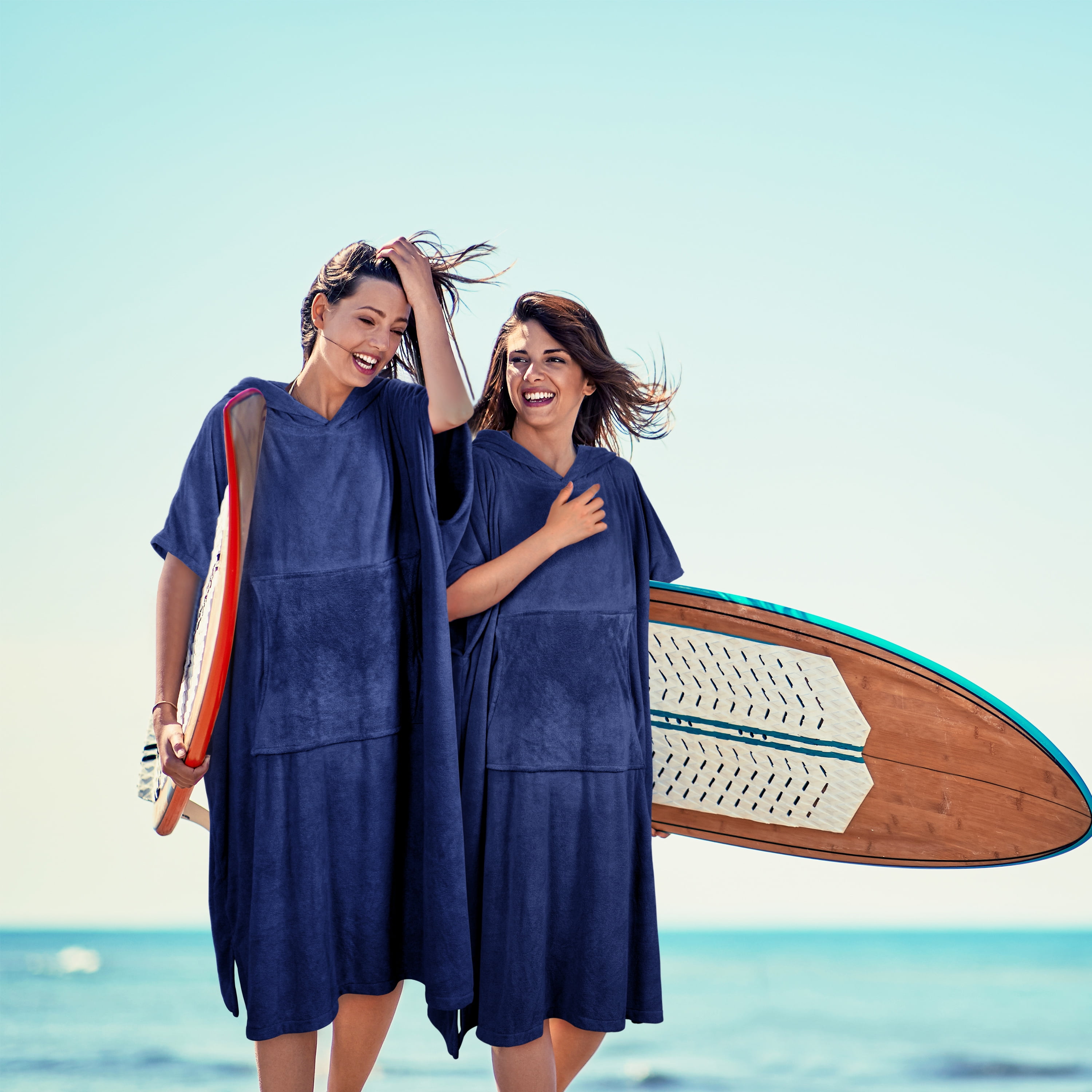Catalonia Surf Beach Changing Towel With Hood, Absorbent Microfiber Robe Poncho, Men & Women, Navy