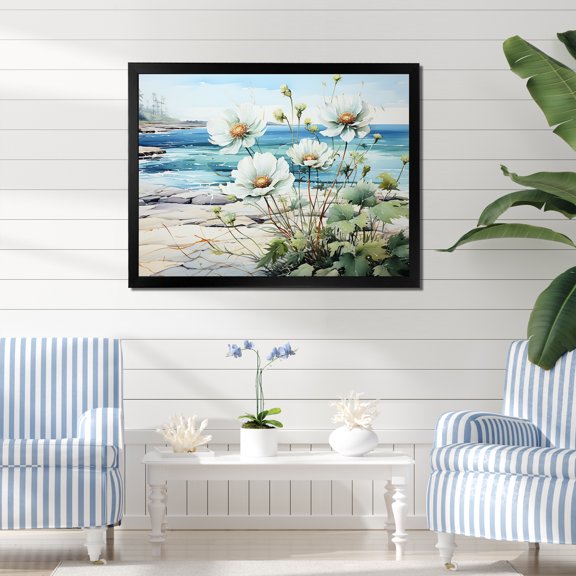 Designart "Oceanic Calm Beach View with Flowers I" Coastal Framed Wall Art Decor - Coastal Green Coastal Minimalism Hallway Framed Wall Art Decor