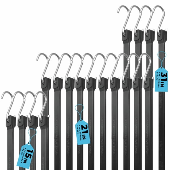 XSTRAP Multipack Heavy Duty Adjustable Rubber Bungee Cords with S Hooks, 15"", 21"", 31"" Tie-Down Straps for Securing Tarps, Canvases, Cargo, Weather-Resistant and Durable