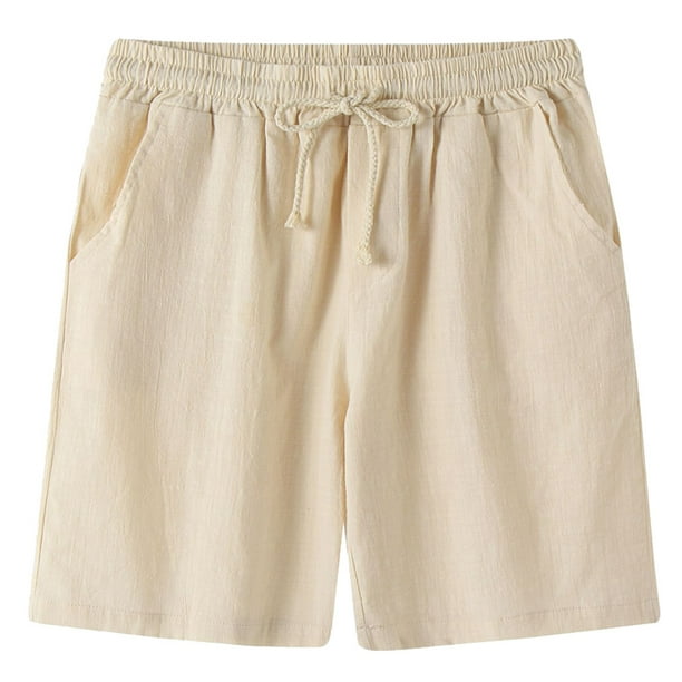 Pantalones cortos clásicos de lino para hombre, cintura elástica, verano, playa, tablero ligero, ajuste delgado con bolsillos