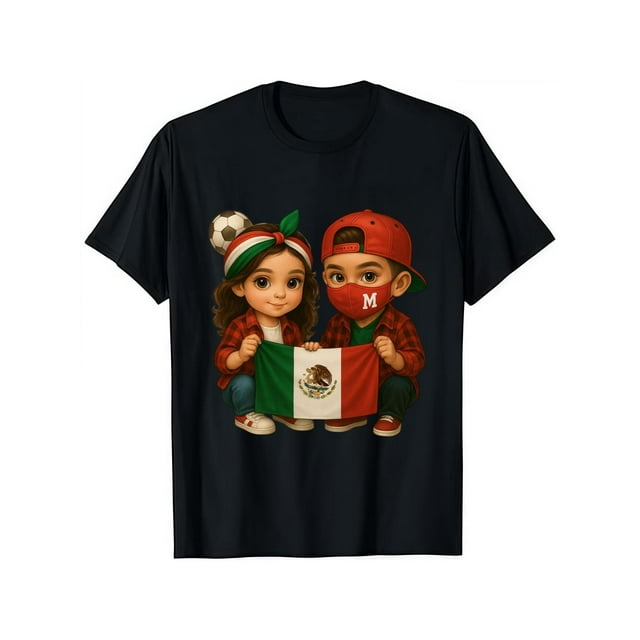 Camisetas de diseñador de moda: camisetas gráficas de algodón con la bandera de México y un balón de fútbol para niños. Cuello redondo, informal, ideal para el día a día. Regalos tropicales unisex par