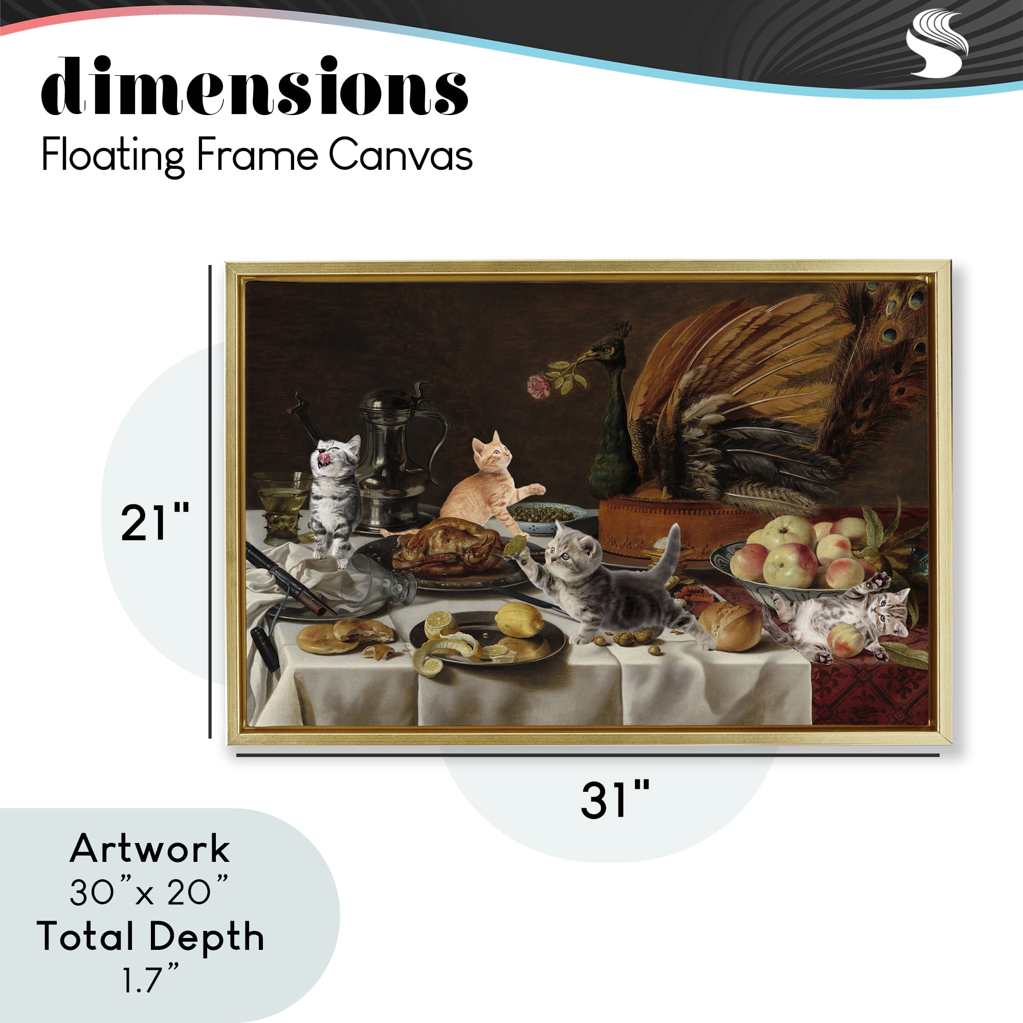 Kittens on Still Life Feast Gold Framed Floater Canvas Wall Art, design by Masters Redux