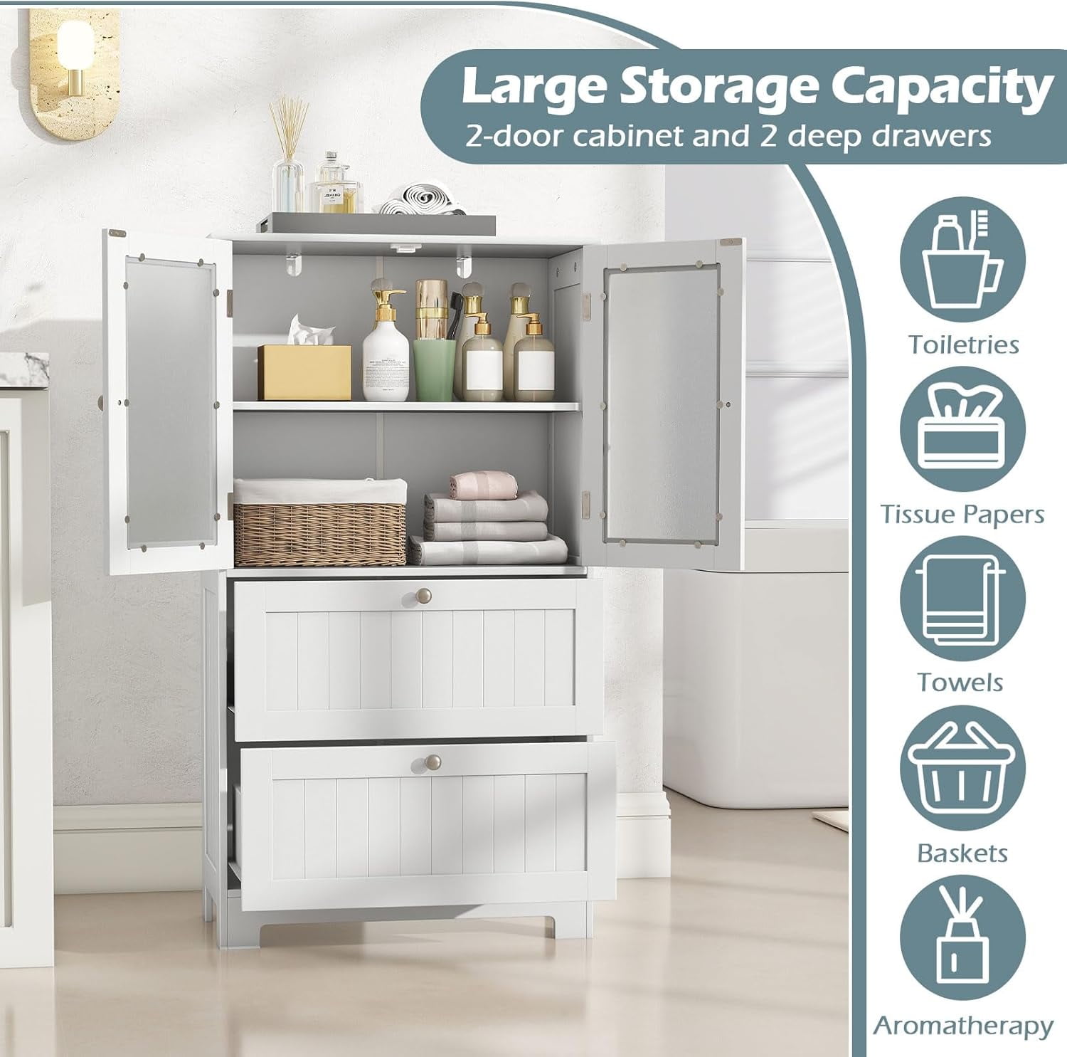 Favory Bathroom Storage Cabinet w/2 Large Drawers, Tall Pantry Cabinet w/Adjustable Inner Shelf, Frosted Tempered Glass Doors, Freestanding Floor Cabinet for Living Room, Kitchen, Dining Room
