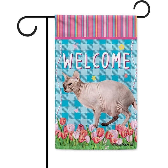Dog Spring Summer Welcome Garden Flag Sphynx Cat Tulip Flowers Blue Buffalo Plaid Outside Yard Decor Flag Banner 12.5X18 Inch Double Side Style 2