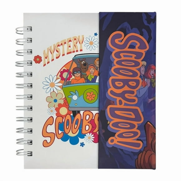 Libreta de tapa dura laminado liso con espiral metálico en la lateral con solapa protectora, Scooby Doo color blanco con azul