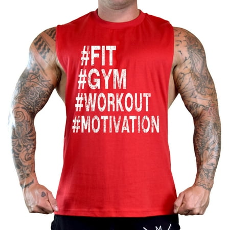 Men's Hashtag Fit Gym Workout Motivation Sleeveless Red T-Shirt Tank Top Large