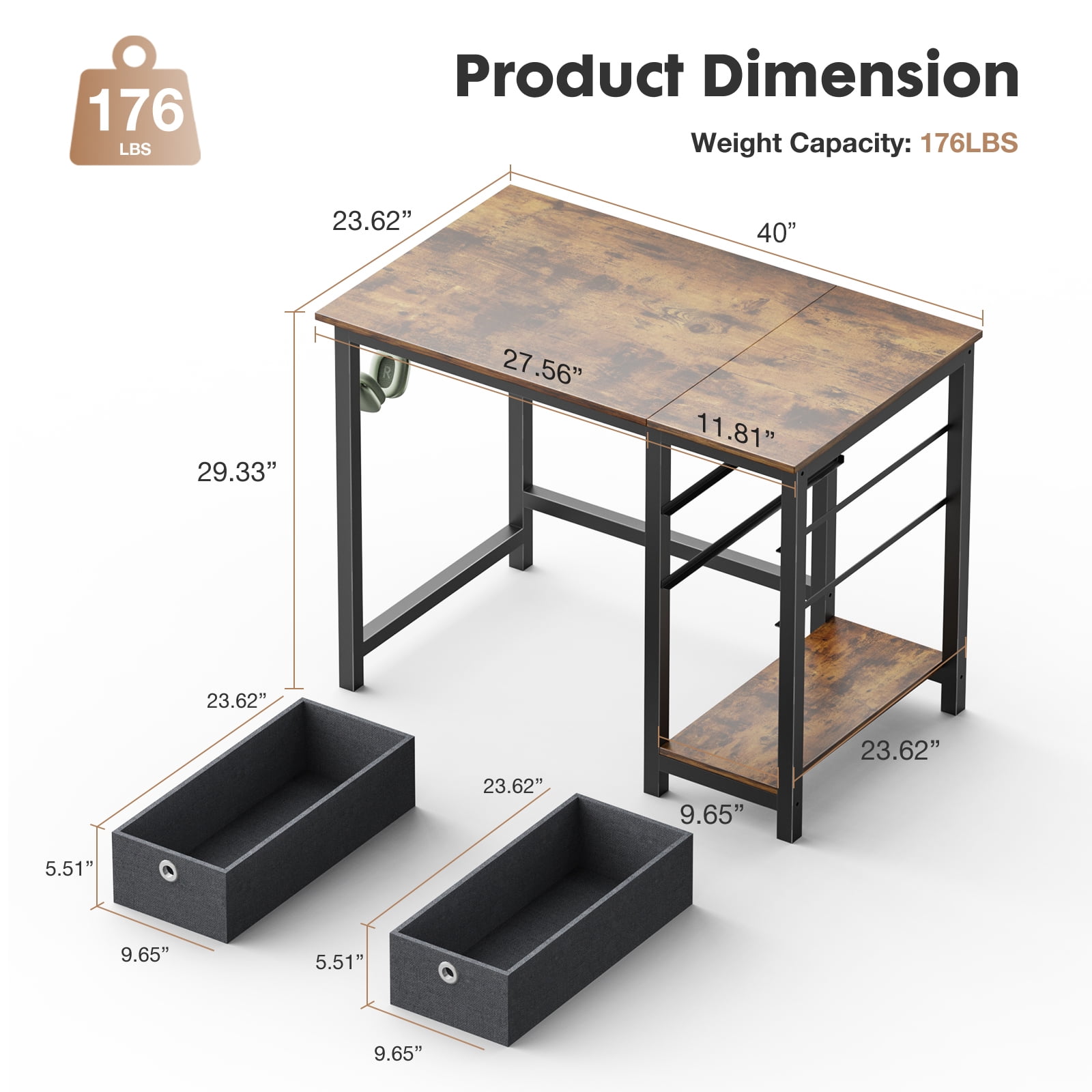 GIANNA 40 Inch Computer Desk, With 2-Tier Drawers Storage Shelf, Side Headphone Hook, Rustic Brown