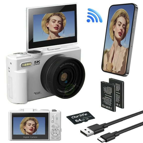 Ourlife 5K Digital Camera for Photography, 75MP Vlogging Camera for YouTube with 3" 180° Flip Screen, 18X Digital Zoom Point and Shoot Camara with 64GB Micro SD Card for Beginner (White)