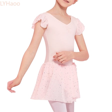 LYHaoo Girls Ballet Dress Backless Short Sleeves Ballet Clothing Dance Bodysuit With Irregular Ballet Skirt With Rhinestones Princess Casual Dresses Sizes 7-8 Years Pink