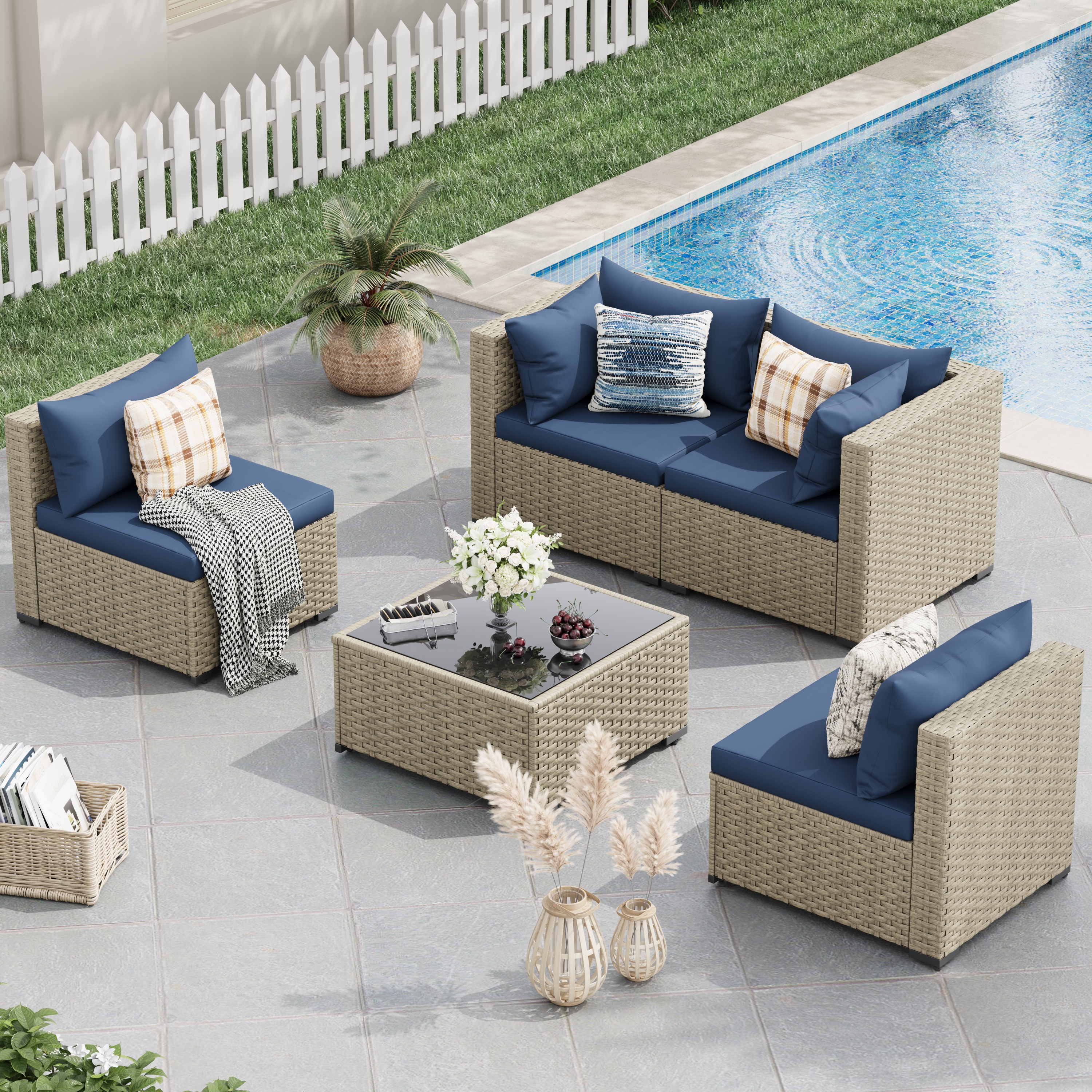 POTEBAN 5 Pieces Outdoor Patio Furniture Set, Outdoor Wicker Patio Conversation Set with Cushions for Backyard, Porch, Garden(Navy Blue)
