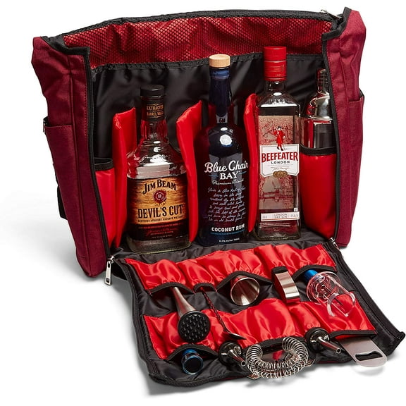 Travel Bar, Crimson Red & Black, Water Resistant, Bartending Supplies, Pockets for Carrying Cocktail Kit (Bag Only), 13.8H X 12.5W X 4.7D