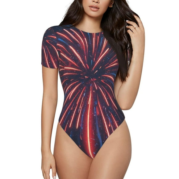Saiise Motif Feux d'Artifice3 Combinaison à Manches Courtes pour Femmes Pyjama Col Rond Justaucorps Extensible avec Fermeture à Pression-Grand