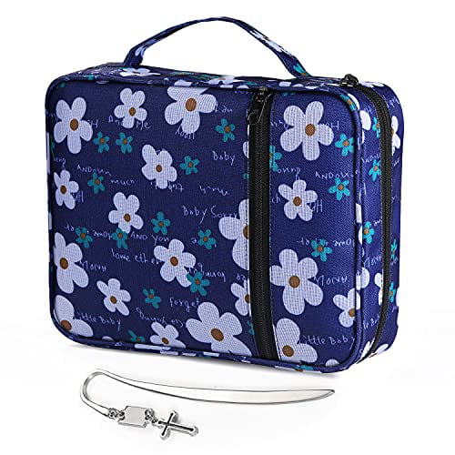 Washable Bible Carrier Perfect Gift for Mother Kids Girls Women Carrying Bag with Zippers and Multiple Pockets Canvas Bible Case with Cross Bookmark Blue Flower Ruiheshiyi Bible Cover 