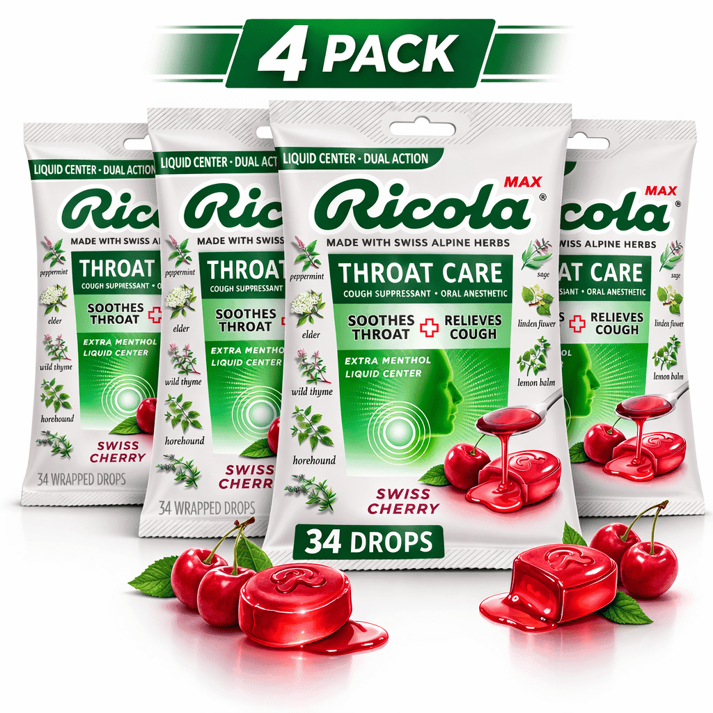 Ricola Max Throat Care Swiss Cherry Cough Drops for Sore Throat + Cough Relief, Value Pack, 34 Count-4pack-(136 drops total)
