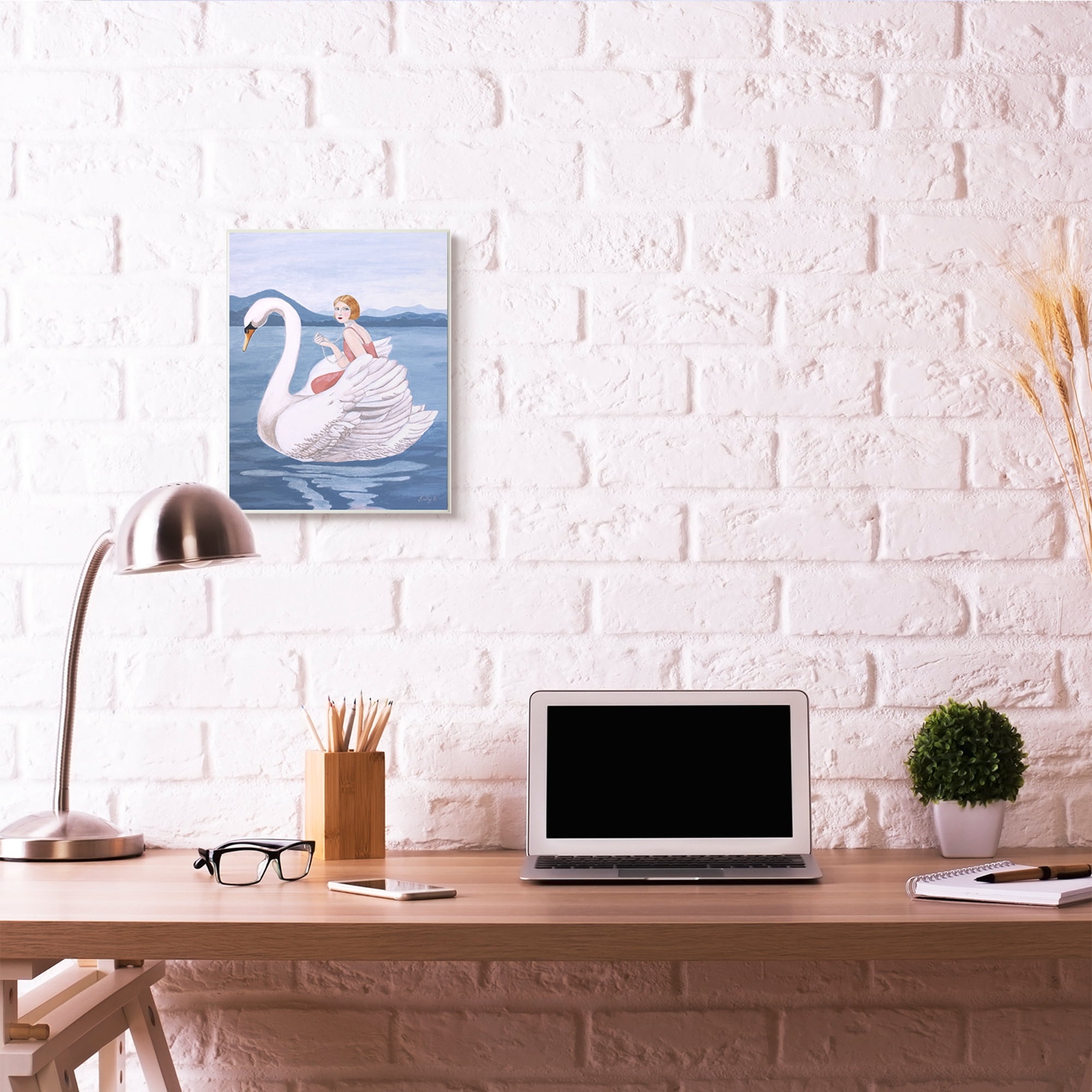 Stupell Industries Woman And Swan Blue Water Animal Painting Wall Plaque by Sally B, 13" x 19", Wall Plaque
