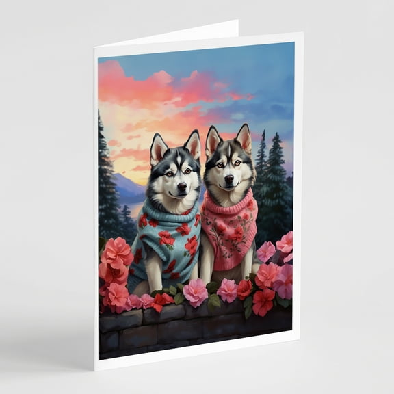 Siberian Husky Two Hearts Greeting Cards Pack of 8 7 in x 5 in
