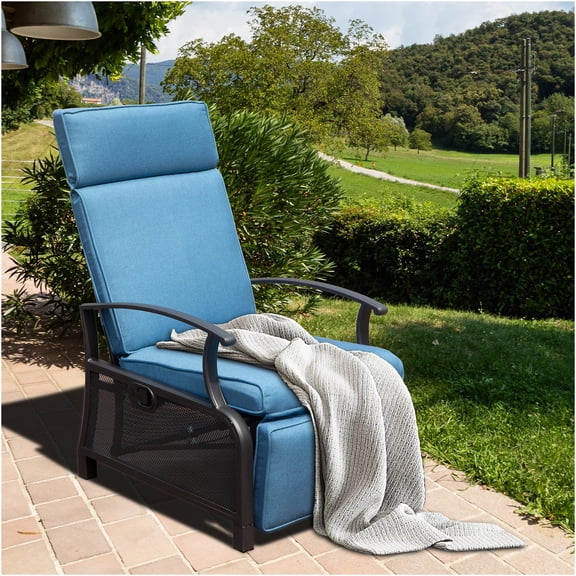 JERFIT Oversized Patio Recliner Chair with Side Table, 150° Adjustable Back, Removable Cushions, All-Weather Steel Frame, 350lb Capacity – Blue