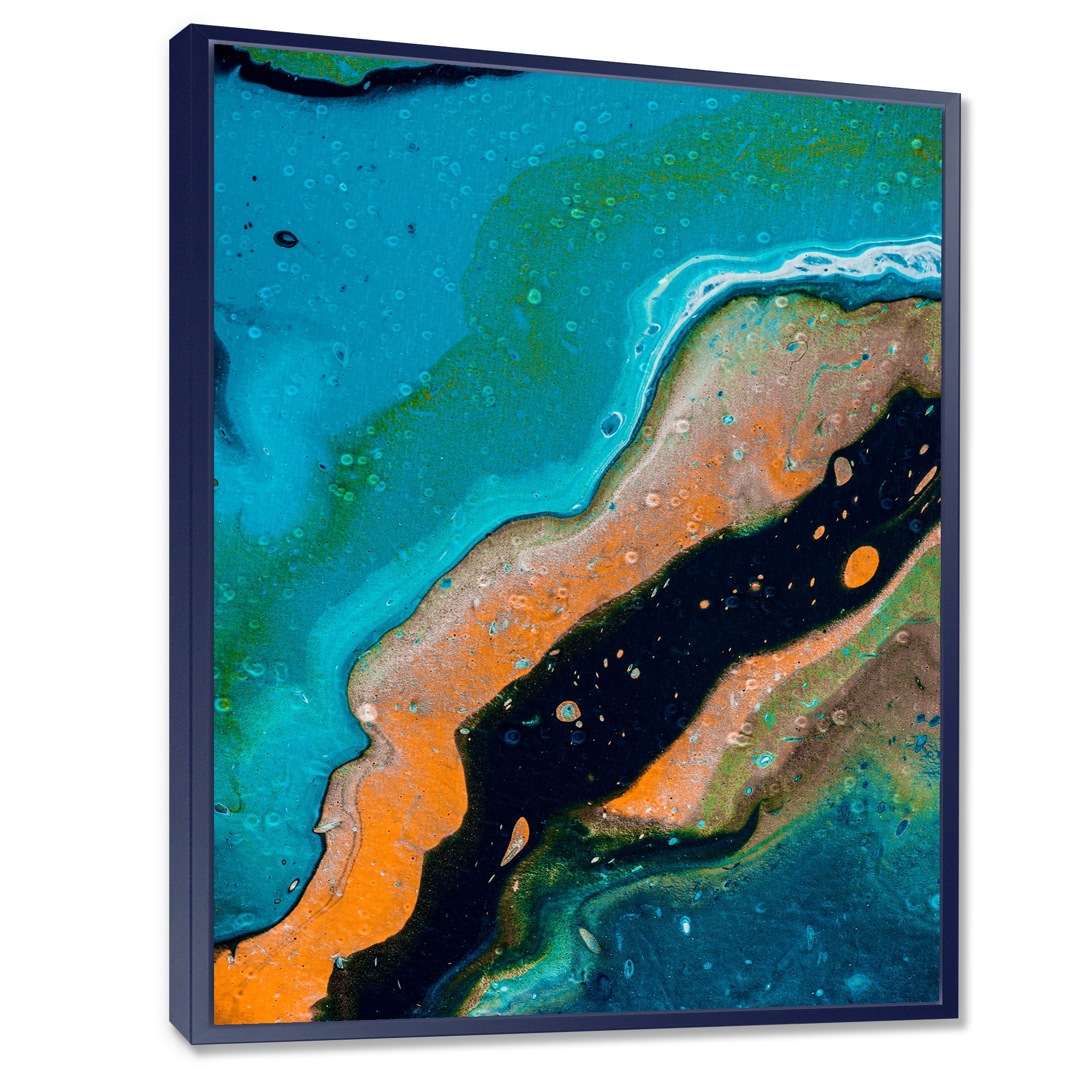 Designart 'Abstract Marble Composition In Orange and Blue II' Modern Framed Canvas Wall Art Print