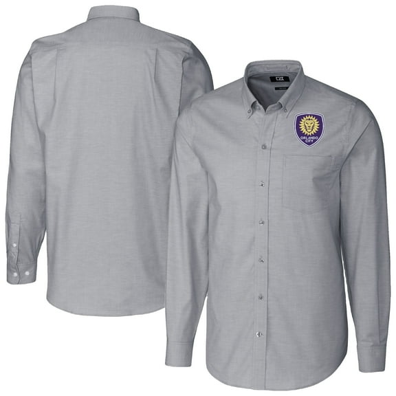 Men's-Cutter & Buck Charcoal Orlando City SC Stretch Oxford Stripe Tri-Blend Long Sleeve Button-Down Shirt