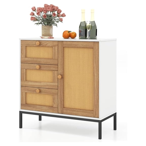 Rattan Buffet Sideboard, Accent Storage Cabinet with 3 Drawers & 1 Door, Sturdy Metal Legs, for Kitchen, Living Room, Entryway (1)