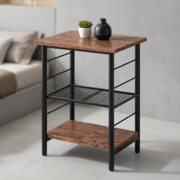 Resenkos 3-Tier End Table Space-Saving Nightstand, Industrial Bedside Table for Living Room, Bedroom, Rustic Brown