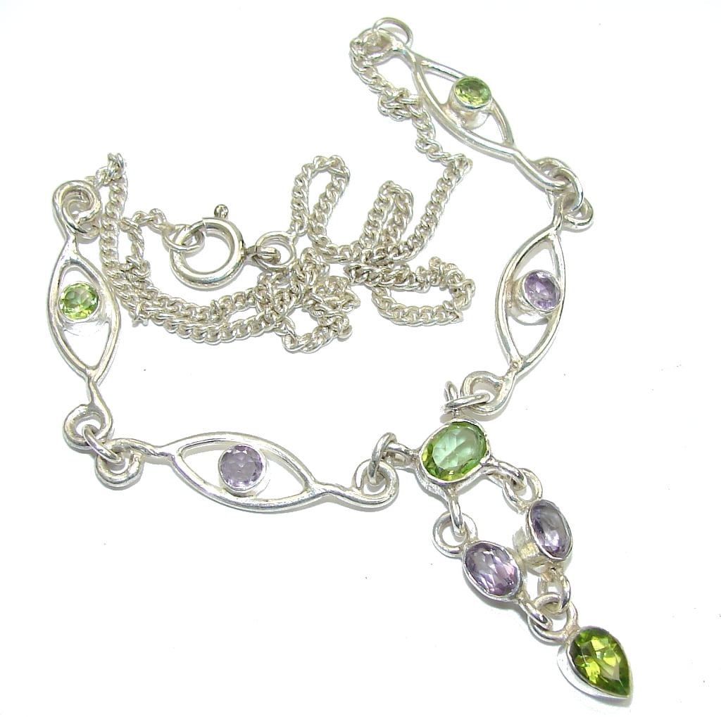 Path Of Life!! Green Peridot & Amethyst Sterling Silver Necklace by SilverRush Style by