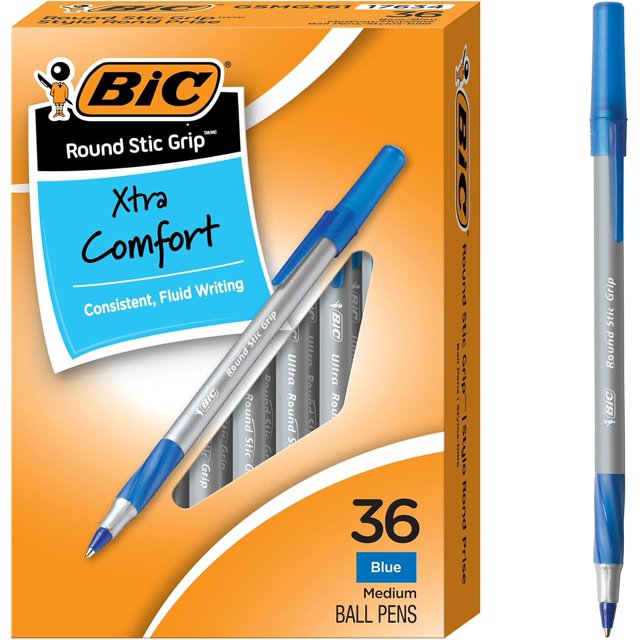 BIC Round Stic Grip Xtra Comfort Blue Ballpoint Pens, Medium Point (1.2mm), 36-Count Pack, Excellent Writing Pens With Soft Grip for Superb Comfort and Control (Blue)