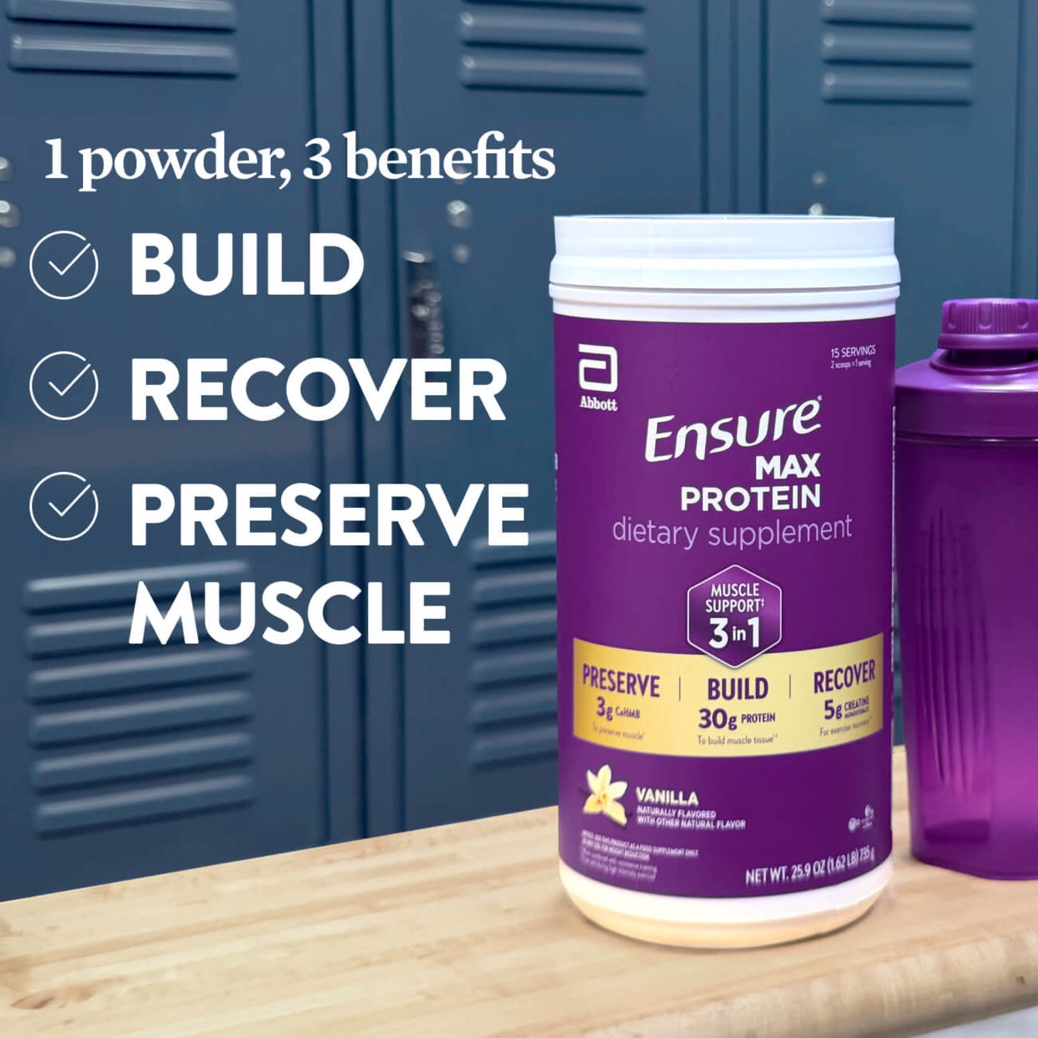 Ensure Max Protein 3-in-1 Protein Powder, Muscle Support*, 30g Protein, Creatine, HMB, Vanilla, 25.9oz, 2 Pack