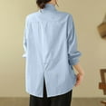thumbnail image 4 of Women's Button Shirts Fashion Solid Color Stand-up Collar Shirt Long Sleeve Breathable Cotton Blouses Casual Loose Lapel Dressy Work Top with Pocket Blue L, 4 of 8