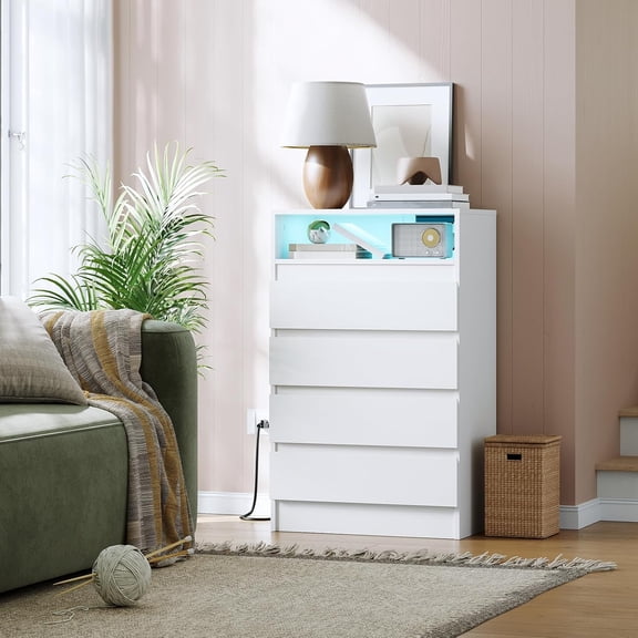 4 Drawer Dresser with Charging Station and LED Lights, Modern Chest of Drawers with Power Outlet, Organizer Cabinet for Bedroom, Living Room, Entryway
