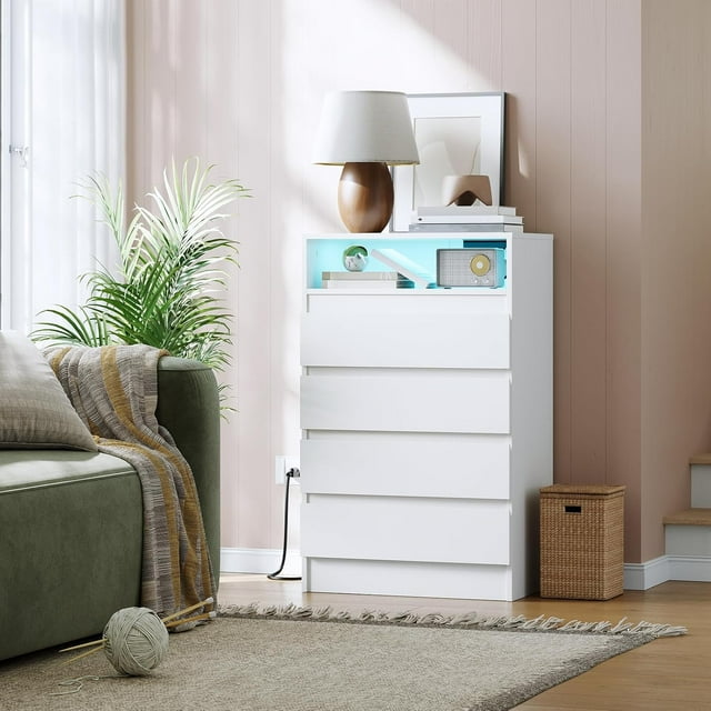 Commode Double à 4 Tiroirs avec Prise de Courant, Commodes d'Appoint avec Lumière DEL, Commode de Rangement Moderne Blanche avec Station de Recharge