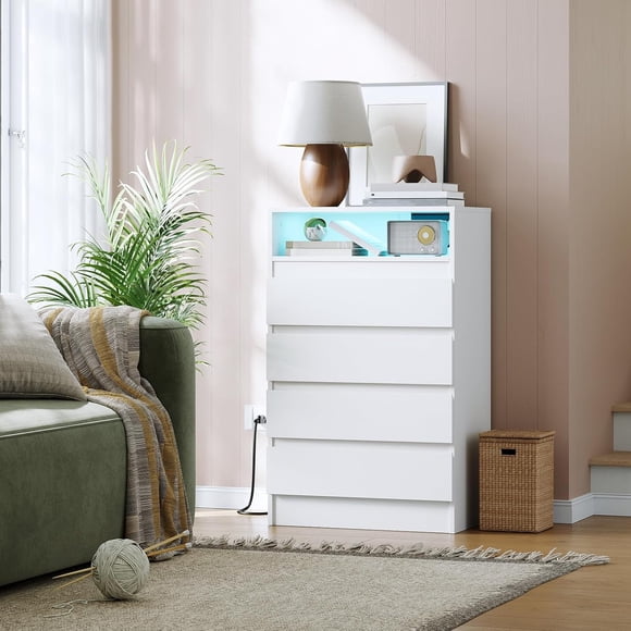 4 Drawer Dresser with Charging Station and LED Lights, Modern Chest of Drawers with Power Outlet, Organizer Cabinet for Bedroom, Living Room, Entryway