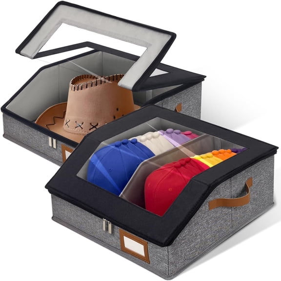 2-in-1 Hat Organizer for Baseball Caps Holds 48-60 Caps Hat Storage with Adjustable Divider Stackable Hats Holder for Closet with Clear lid Cowboy Hat Box for Men Women 2 PCS Black and Grey