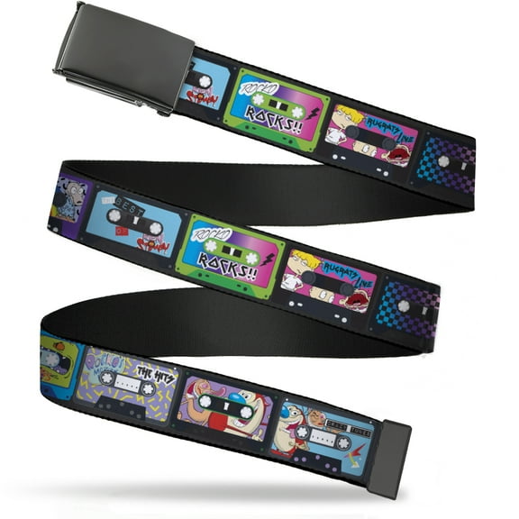 Adjustable Belt, Clamp Buckle, Cut-to-Fit, Nick 90s Rewind Mash Up Cassette Tapes Black