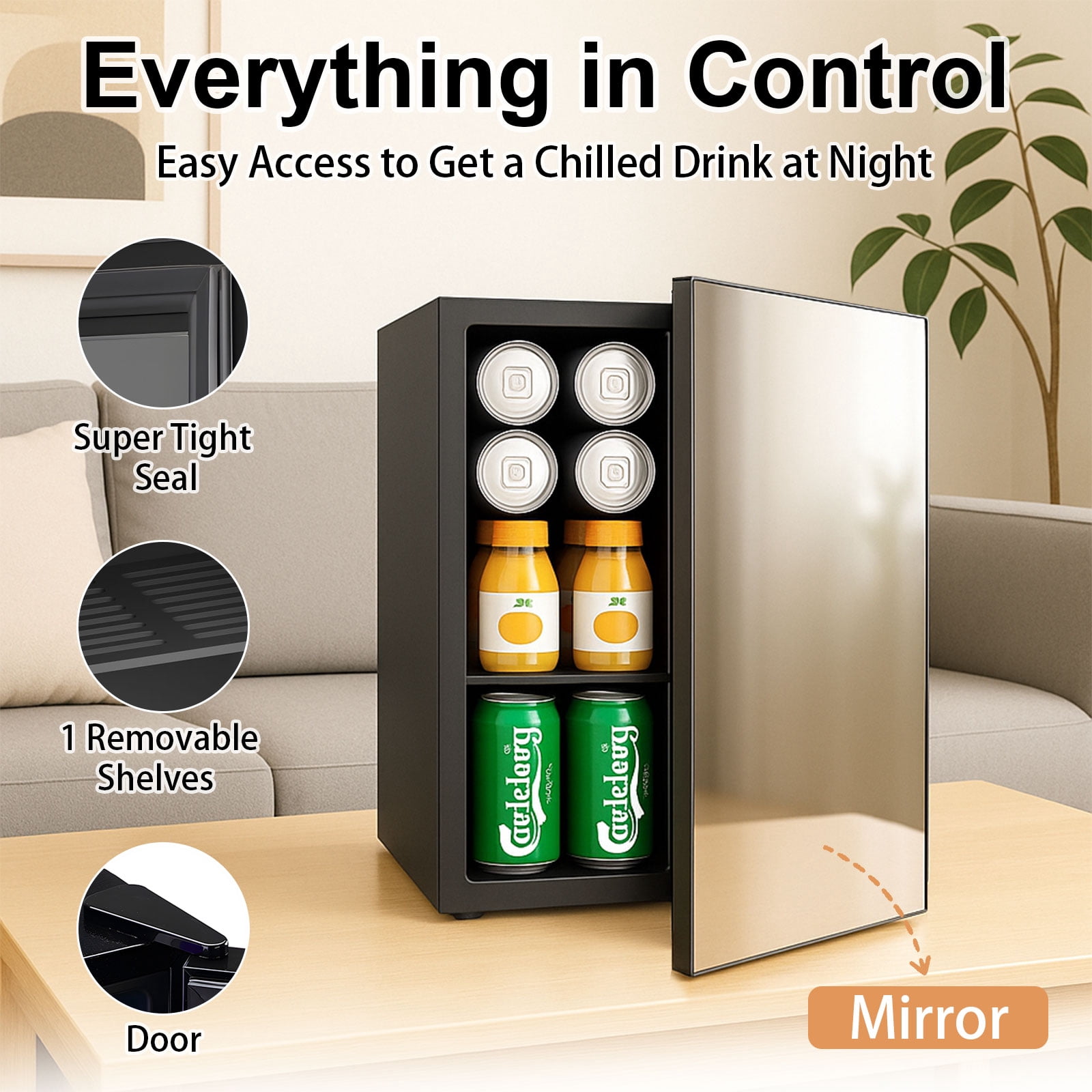 Dimedeal Mini Beverage Refrigerator  0.9 Cu.Ft, 24 Cans Mini Fridge Holds with Mirror Door, Compact Drink Fridge for Office, Dorm, Bar