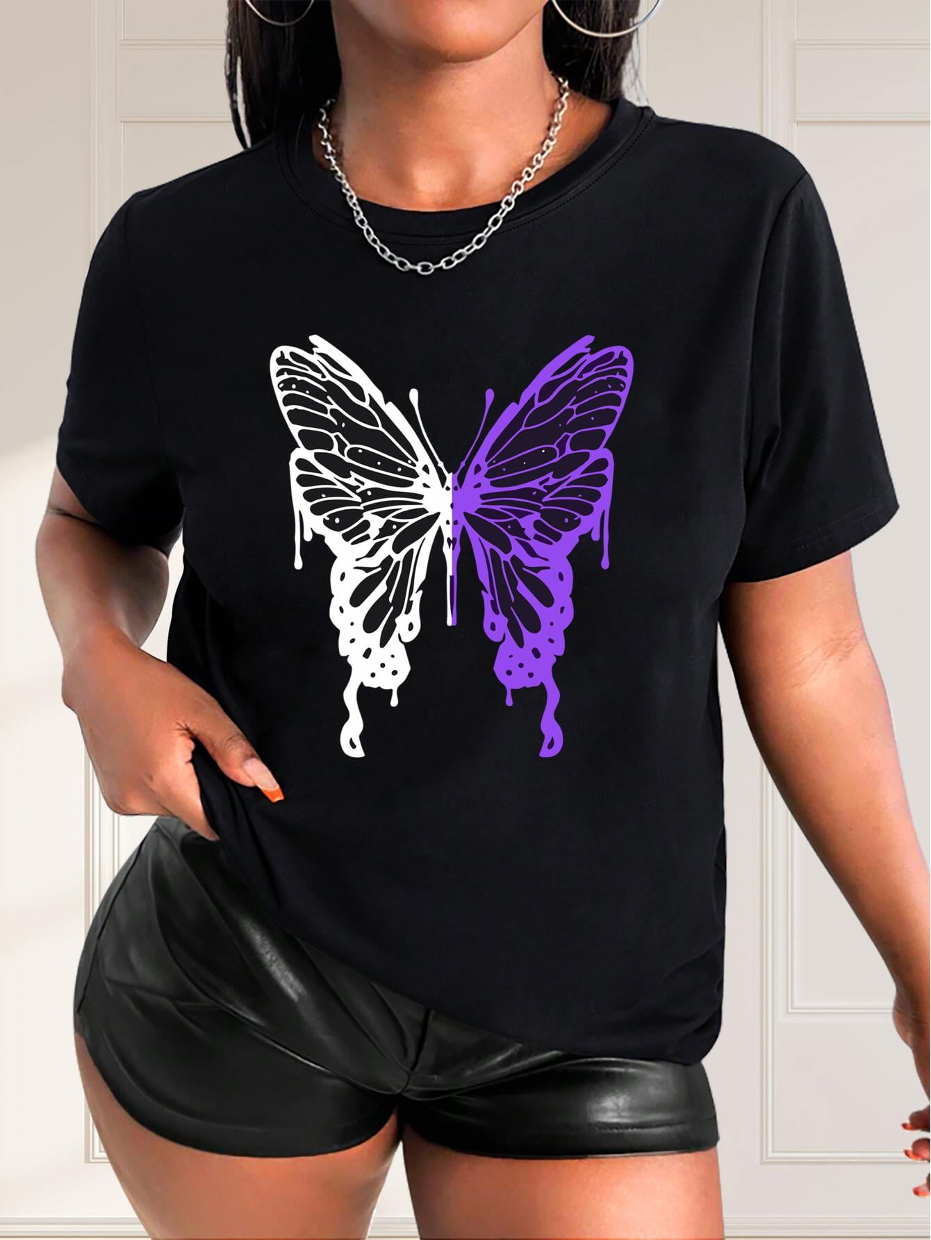Camiseta informal con estampado de mariposas para mujer Morado degradado  y blanco, cuello redondo, manga corta, tejido ligero de algodón, ideal para 