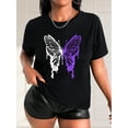 thumbnail image 1 of T-Shirt Décontracté à Imprimé Papillon pour Femmes - Dégradé Violet & Blanc, Col Rond, Manches Courtes, Tissu Polyester Léger, Mode Printemps/été, T-Shirt d'Automne Design Artistique Surf Brillant, 1 of 8
