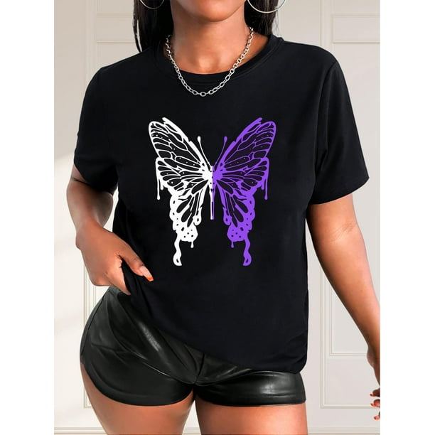 Camiseta De Verano Para Mujer, Cuello Redondo, Para Mochilero, Vacaciones En La CalleWomen's Casual Butterfly Print T-Shirt - Gradient Purple & White, Round Neck, Short Sleeve, Lightweight Polyester