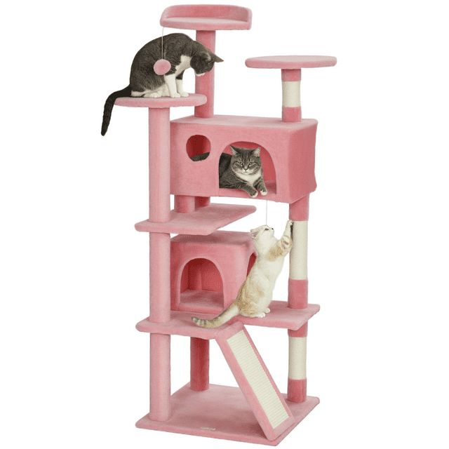PawHut Arbre à Chat de 54 Pouces avec Poteaux à Griffer, Condos pour Chats, Rose