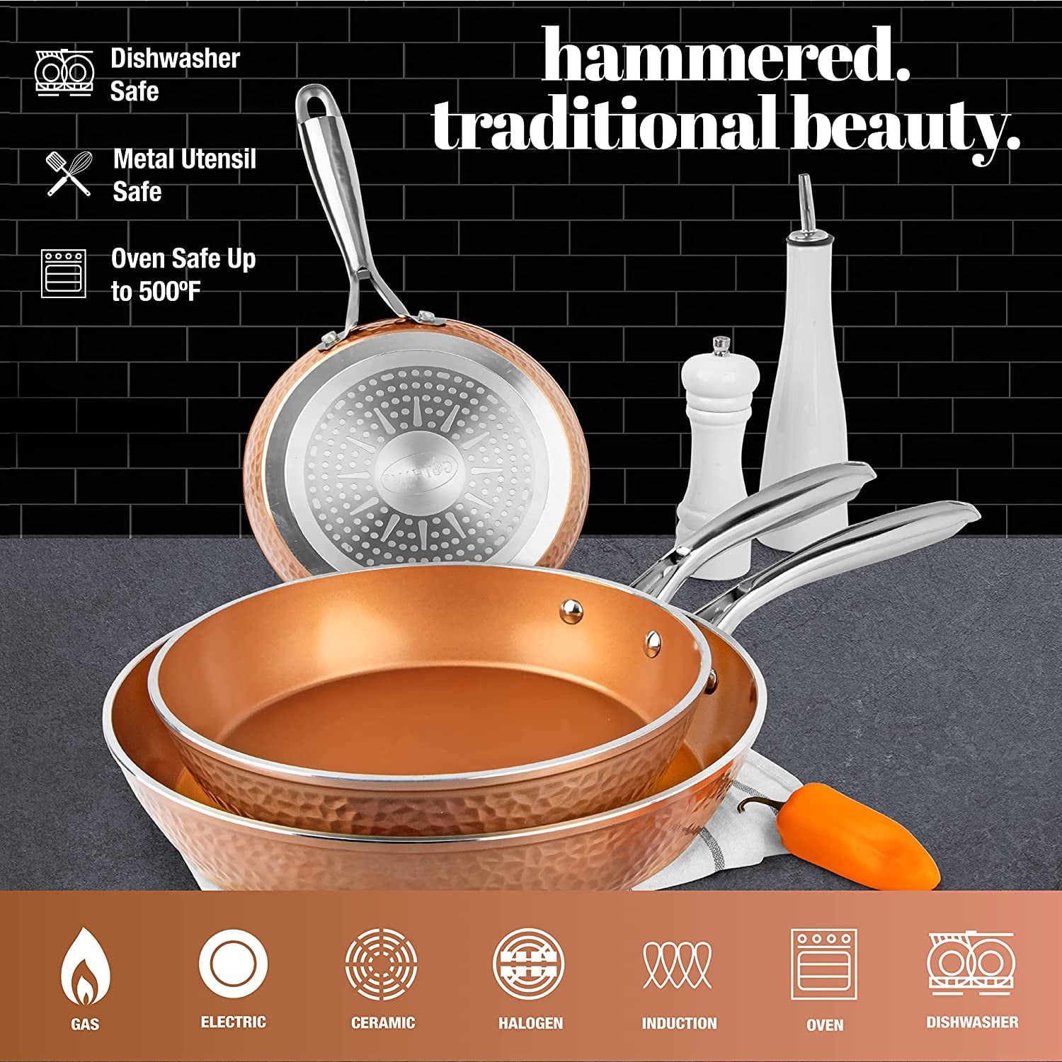 Gotham Steel Hammered Frying Pan Set, 3 Piece Nonstick Copper Fry Pans, 8”, 10” & 12” Skillet, Omelet Pan,  Dishwasher Safe, Cool Touch Handle