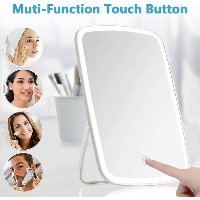 FeelGlad Makeup Mirror with Light, Lighted Vanity Mirror with Touch Screen, USB Rechargeable tabletop Makeup mirror, LED Brightness Adjustable, White