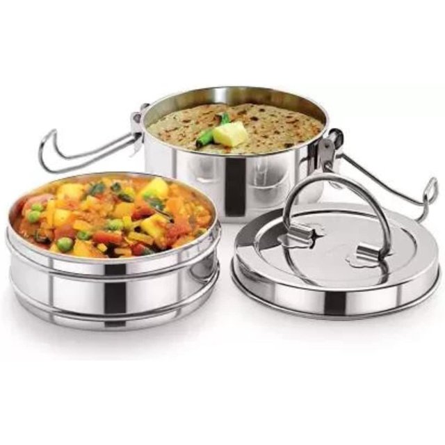 Stainless Steel Traditional Indian Lunch Box, Food Container,Indian Tiffin, Food storage container,Office Use (2 Tier Lunch Box), MEDIUM