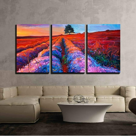 Oil Wall Art Piece wall26 - 3 Piece Canvas Wall Art - Original Oil Painting of Lavender Fields on Canvas.Rich Golden Sunset Landscape - Modern Home Decor Stretched and Framed Ready to Hang - 24