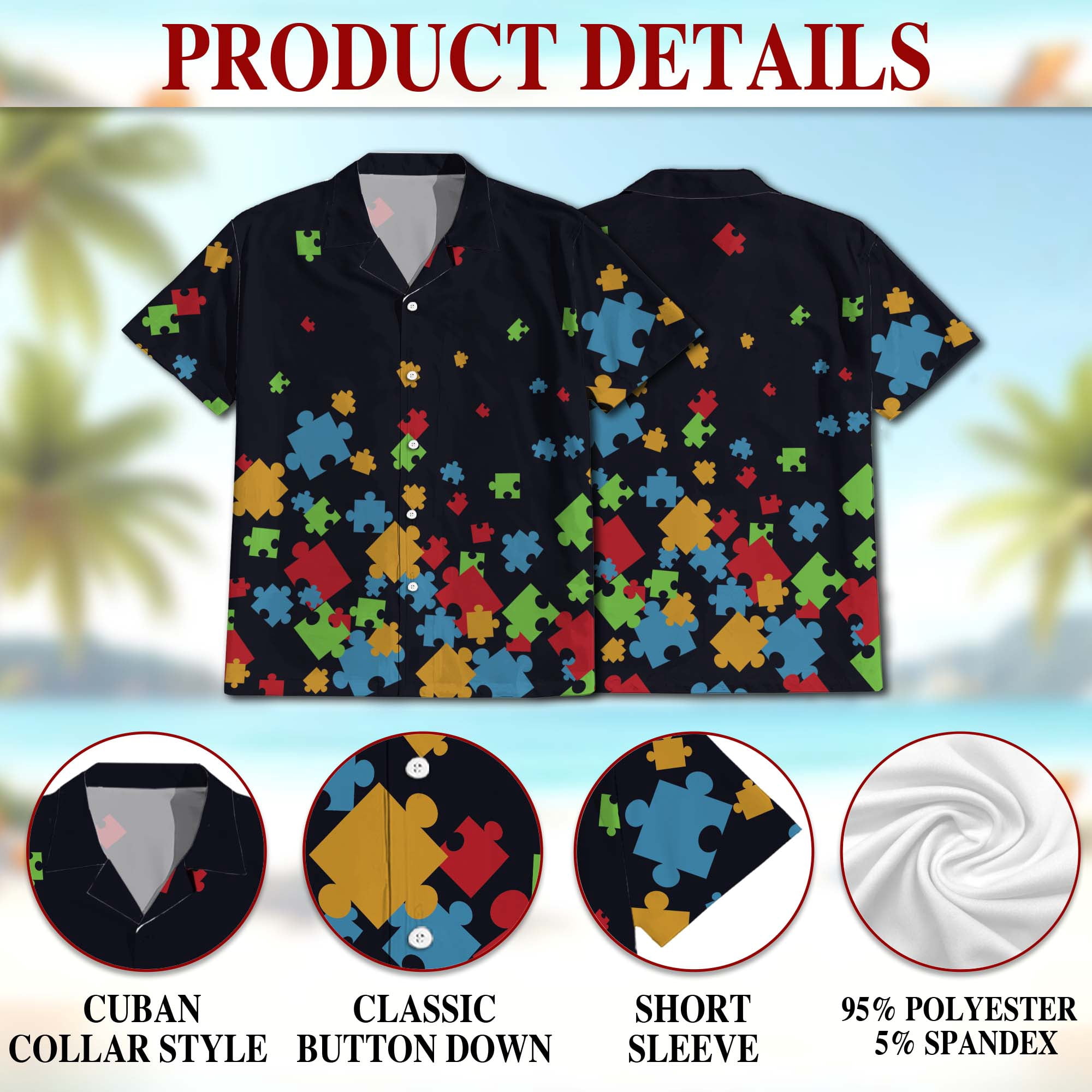 Colorful Autism Awareness Hawaiian Shirt for Men, Button Down Summer Beach Short Sleeve, S-5XL