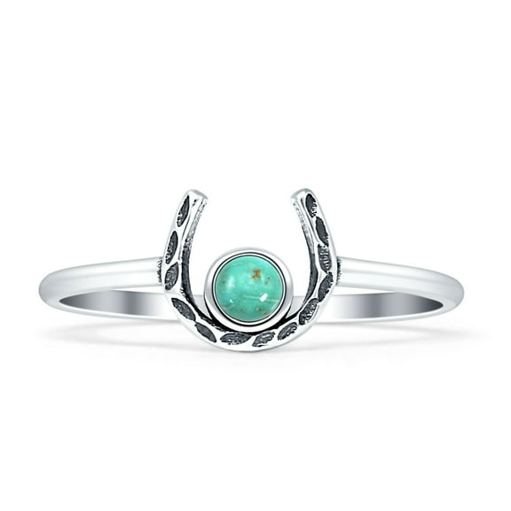 Round Turquoise Horseshoe Ring Oxidized 925 Sterling Silver Size 5