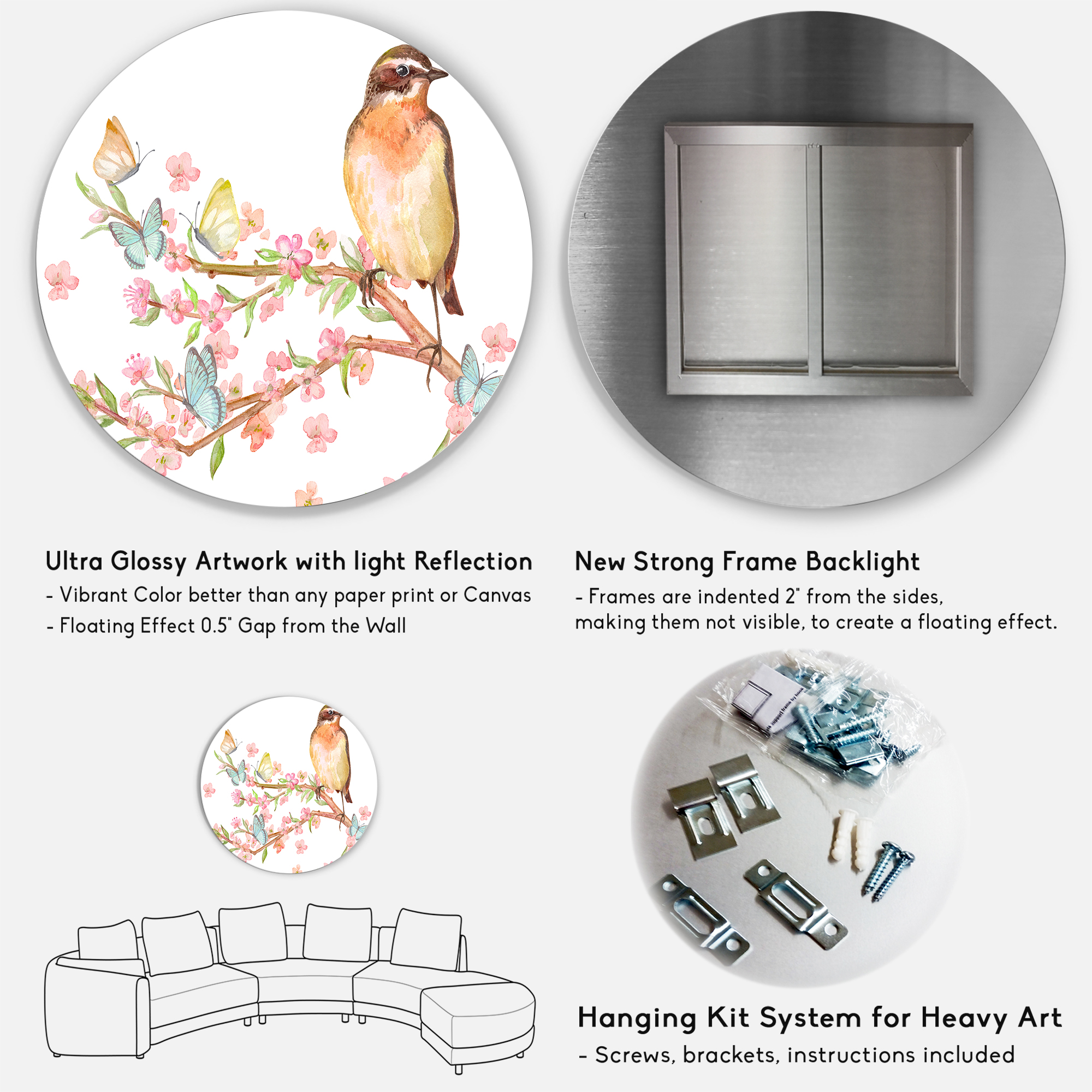 Designart 'Lovely Bird Sitting On Branch of Sakura With Butterflies' Traditional Circle Metal Wall Art 36x36 - Disc of 36