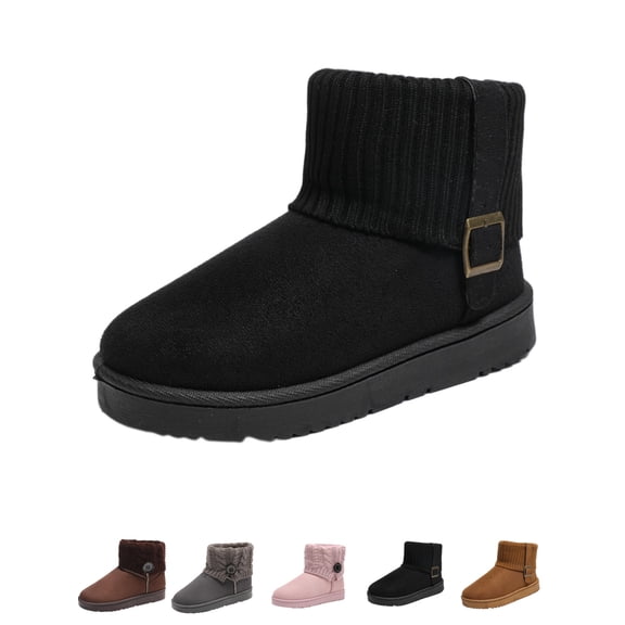 Gealkoca Women's Winter Warm Bootie Indoor Outdoor Cozy Folding Knit Plush Fleece Lining Boots Solid Color Round Toe Thick-Soled Snow Boots