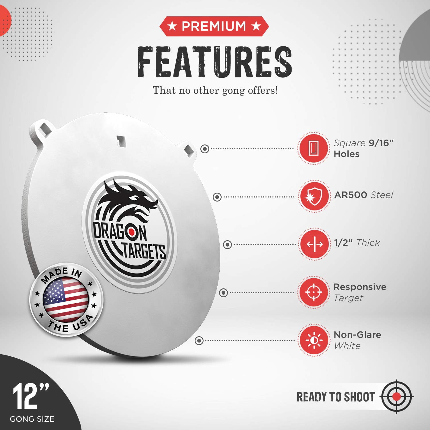 Dragon Targets AR500 Steel Targets 1/2 inch Thick Laser Cut, Painted AR500 Gong Targets for Shooting, Steel Targets for Shooting Made in USA (12 in)