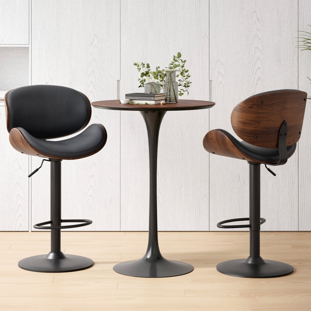 A set of 2 height-adjustable swivel bar stools with PU leather seats and backrests, featuring footrests, suitable for kitchen bar counters or home bars
