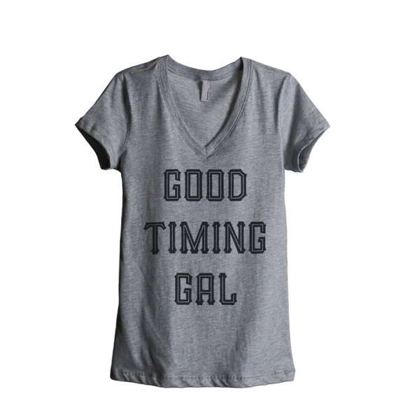 Thread Tank Good Timing Gal Women's Relaxed V-Neck T-Shirt Tee Heather Grey Small
